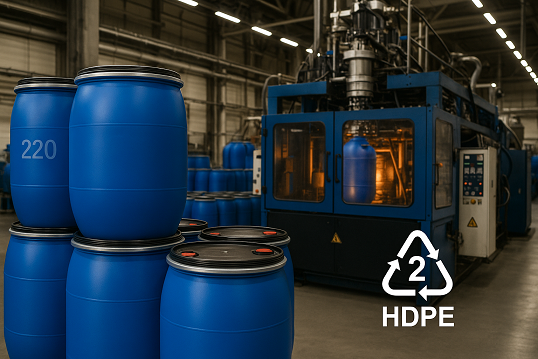 220 LT çemberli bidon, geri dönüştürülmüş HDPE malzeme ile üretilir.