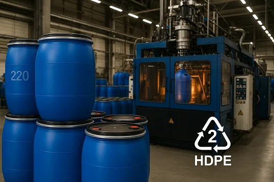 220 LT çemberli bidon, geri dönüştürülmüş HDPE malzeme ile üretilir.